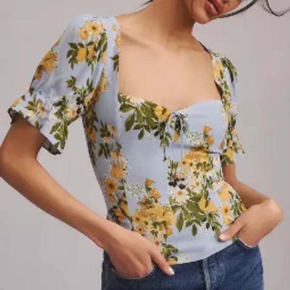 New Reformation Anthropologie Blue Floral 10/M Sweetheart Neck Vintage-Look Top